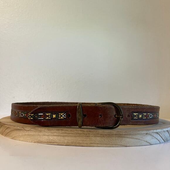 Brown Painted Tooled Southwestern Genuine Leather Brass Buckle Belt Size Large - Picture 11 of 12